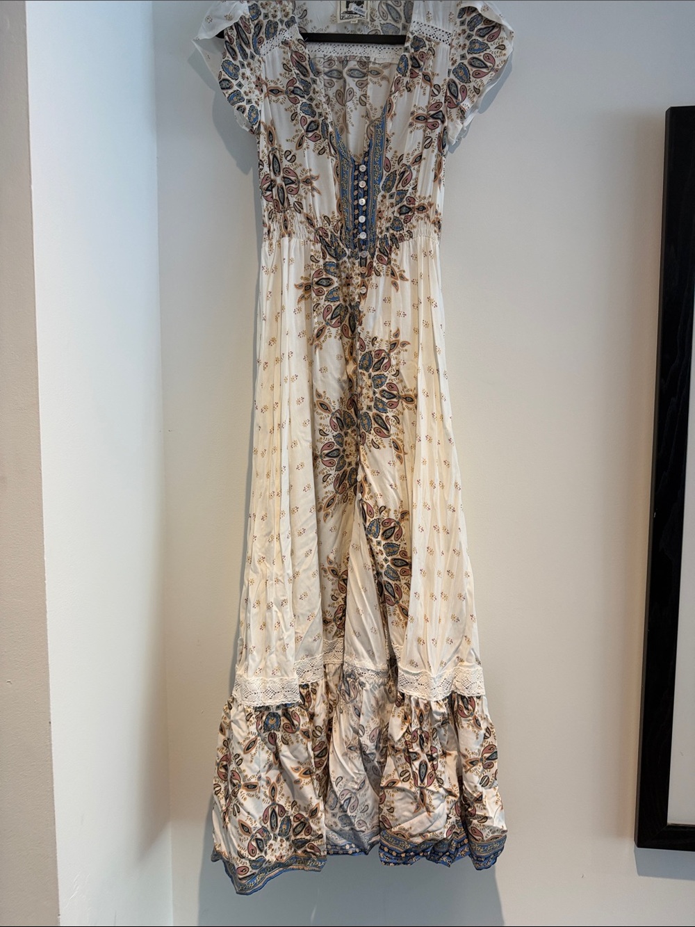 Jaase Boho Cream Floral Maxi Dress with Blue Accents